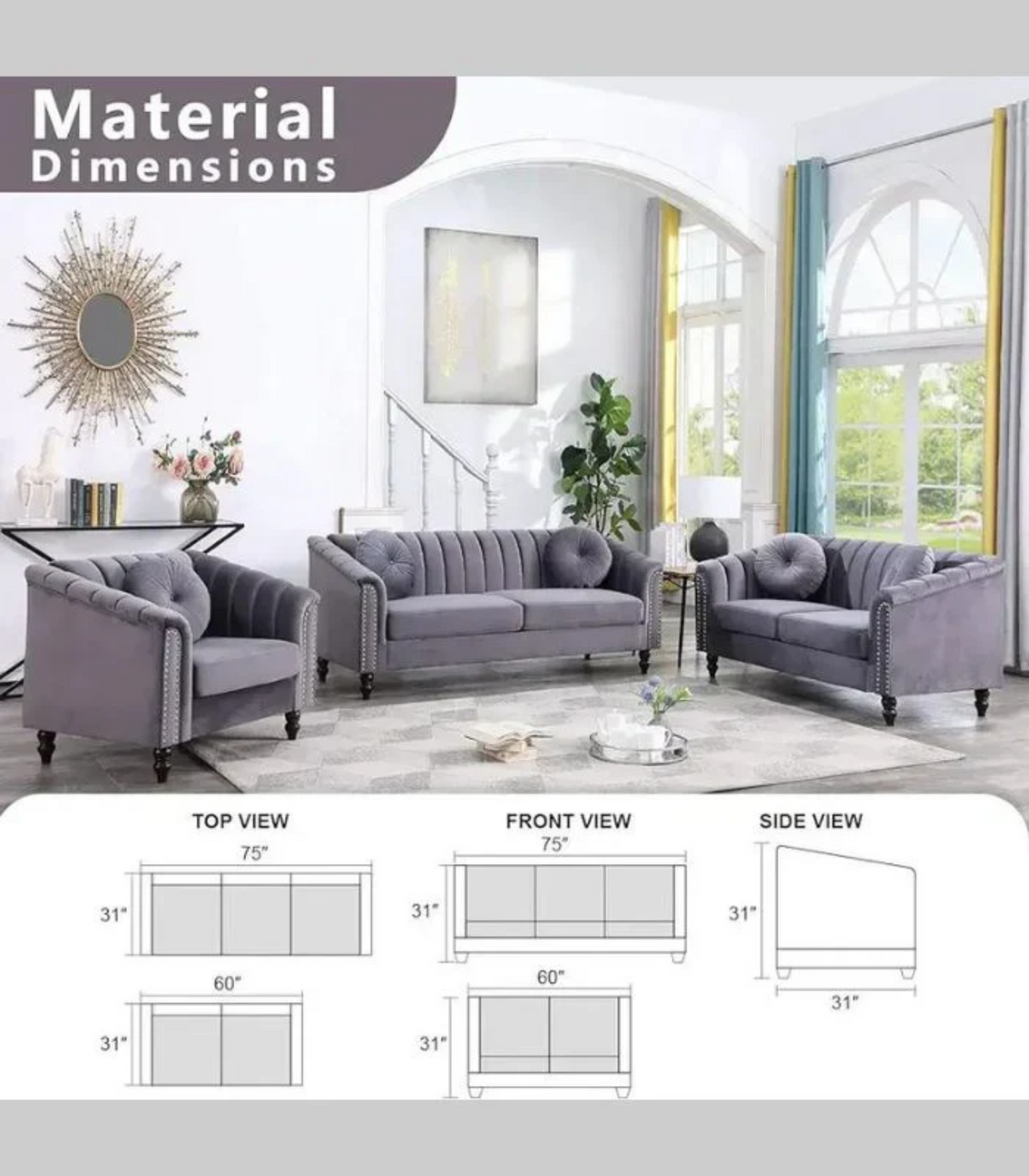 Gray Velvet Sofa Set - 8088