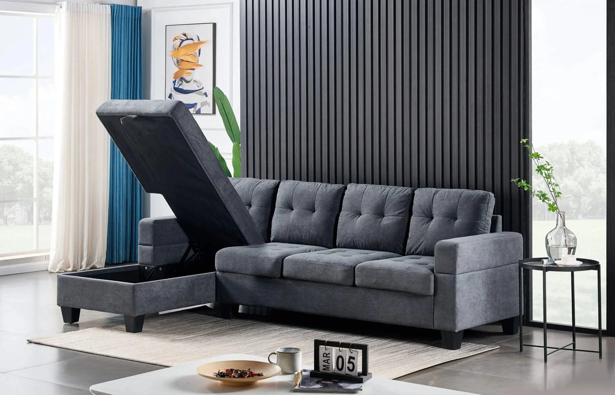 Gray sectional sofa with storage compartment in a living room setting.