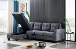 Gray sectional sofa with storage compartment in a living room setting.
