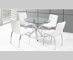 Round glass dining table with four white chairs in a modern setting.