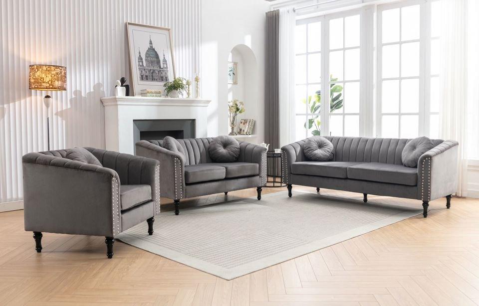 Gray Velvet Sofa Set - 8088