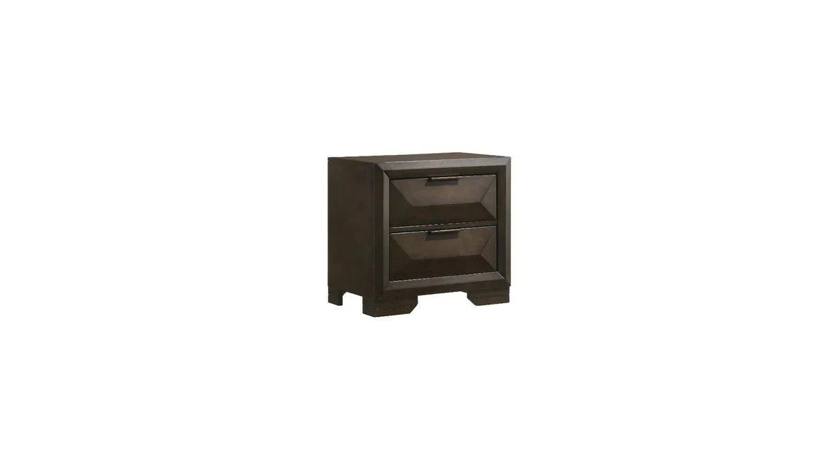 Dark brown nightstand with two drawers on a white background
