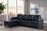 Black leather sectional sofa in a living room with large windows and cityscape view.