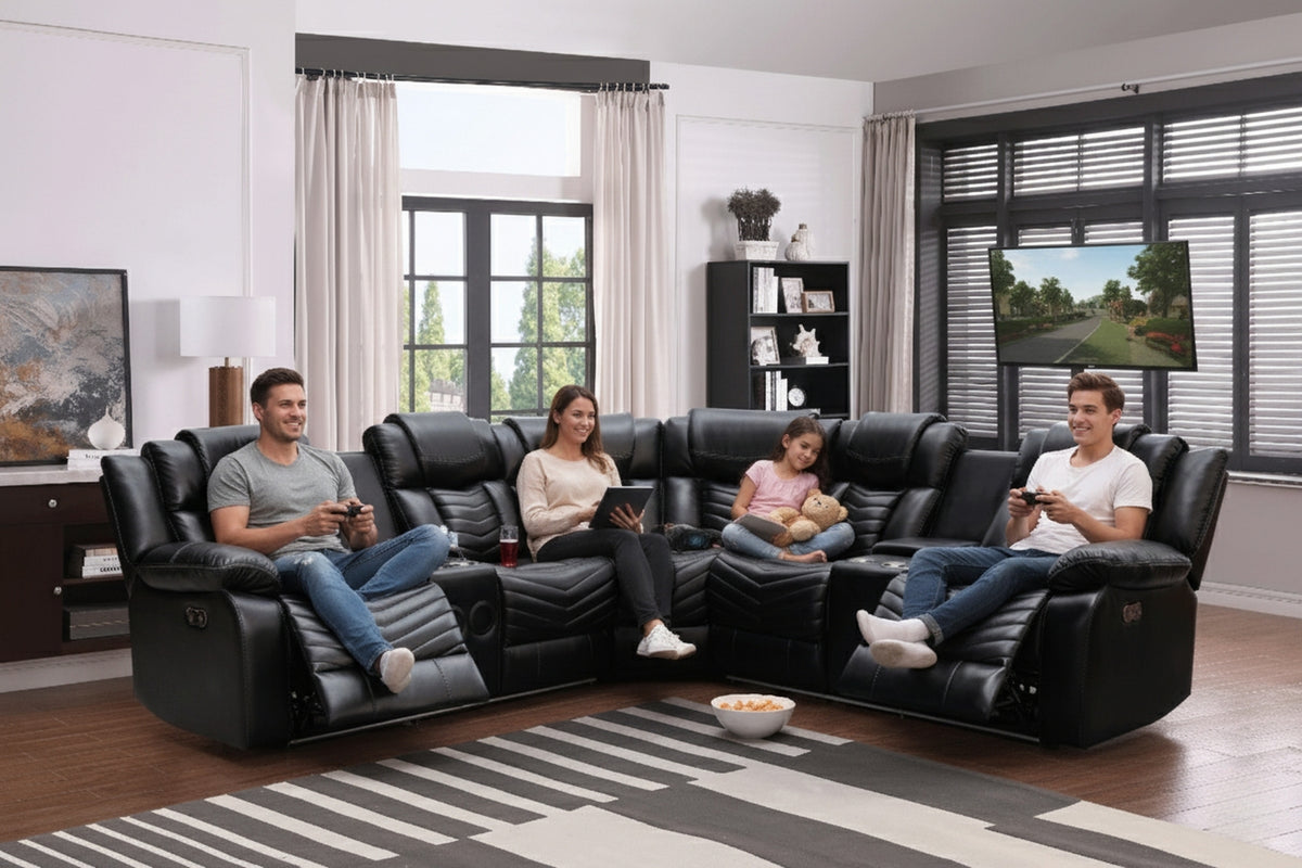 Rick Sectional Recliner Music Sofa - Black Air Leather