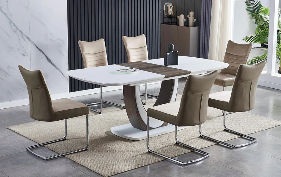 Dining table set with chairs in a modern interior setting