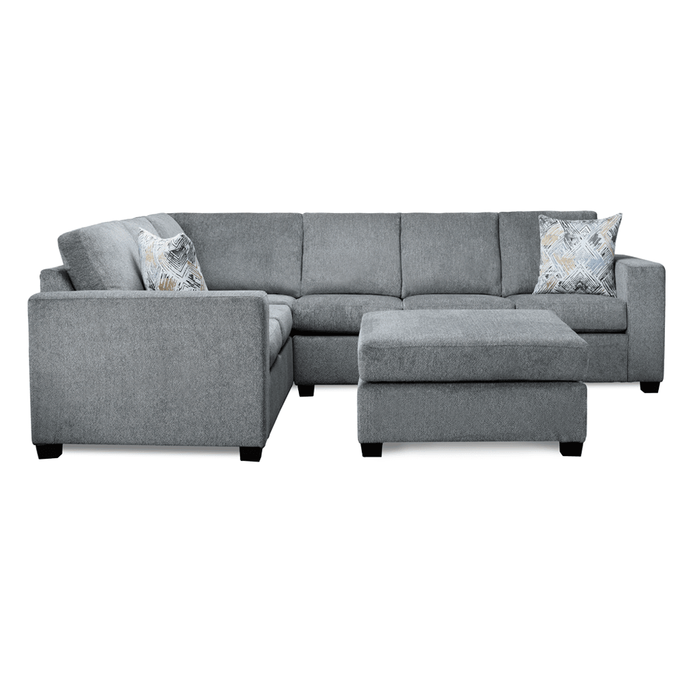 Gray sectional sofa with ottoman on a white background