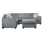 Gray sectional sofa with ottoman on a white background