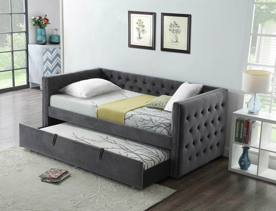 Single/Single Day Bed With Trundle Grey Velvet-IF 305